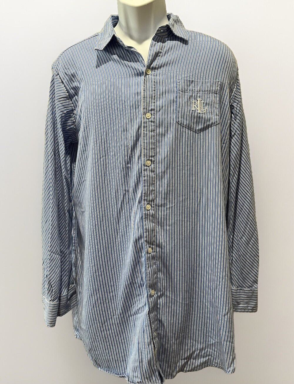 Ralph Lauren Blue Striped Men's M RLL Logo Long Sleeve Button Sleep Shirt